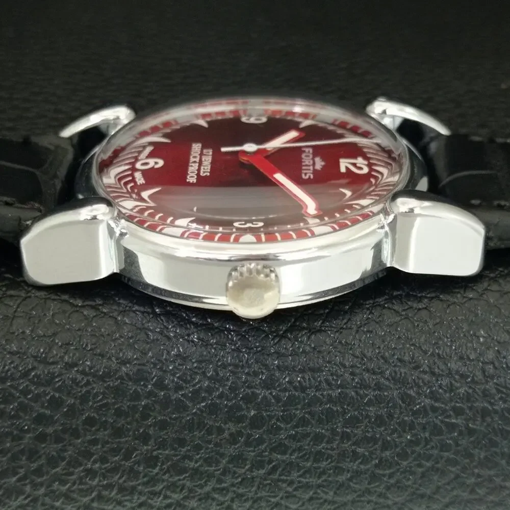 Vintage 1974 Fortis Manual Mens Silver Watch W/Leather Strap & Red accents